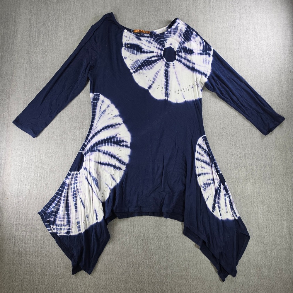 Belldini Tunic Women Medium Navy Blue Tie Dye Studded Sharkbite Hem Long‎ Sleeve